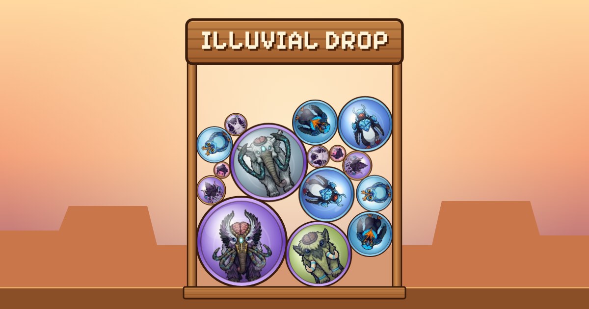 Illuvial Drop art: a wooden jar frame on the Mesa packed with round Illuvial bubbles, from little snails and penguins to a big Mammoth
