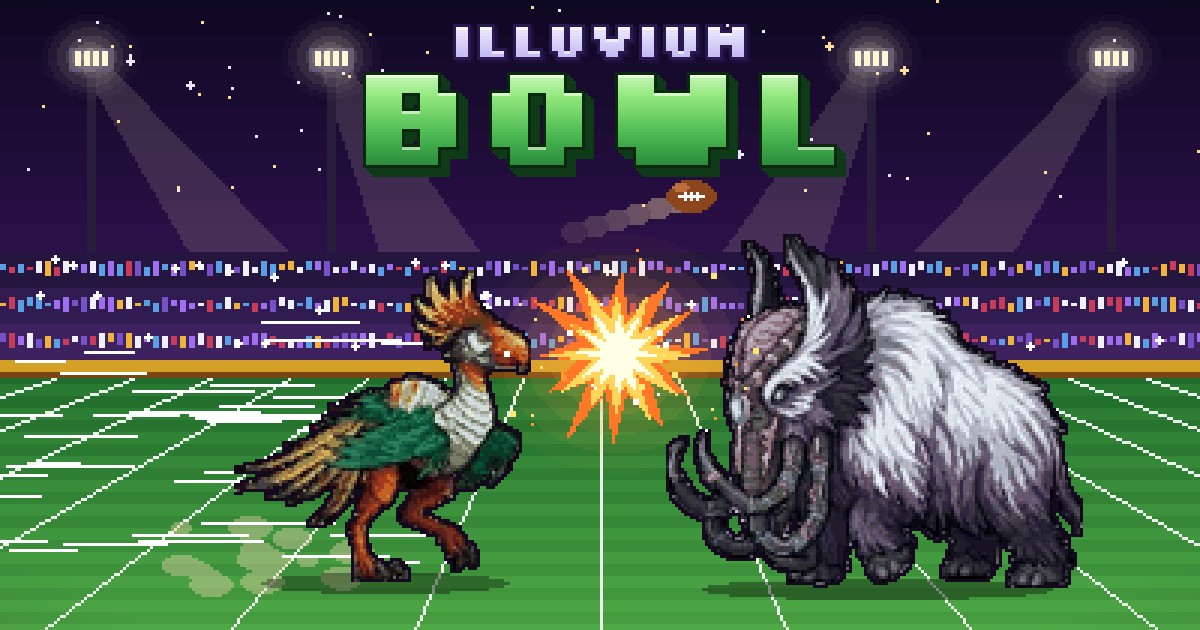 Illuvium Bowl art: a Terror Bird and a Mammoth collide under stadium floodlights as the ball flies overhead