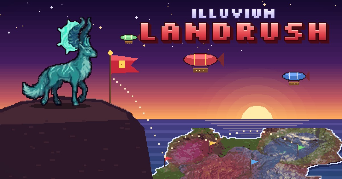Illuvium Landrush art: an Elk stands beside a planted banner on a sunrise cliff while airships chart routes to flagged territories
