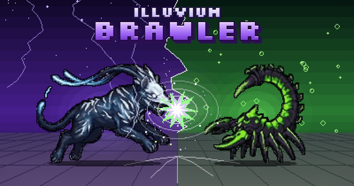 Illuvium Brawler art: a storm Thylacine and a toxic Sea Scorpion clash in a shockwave on a split violet and green arena