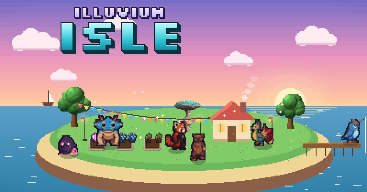 Illuvium Isle art: a sunset island with a cottage, crop beds and lanterns, six cute Illuvials at work and a penguin fishing off the dock