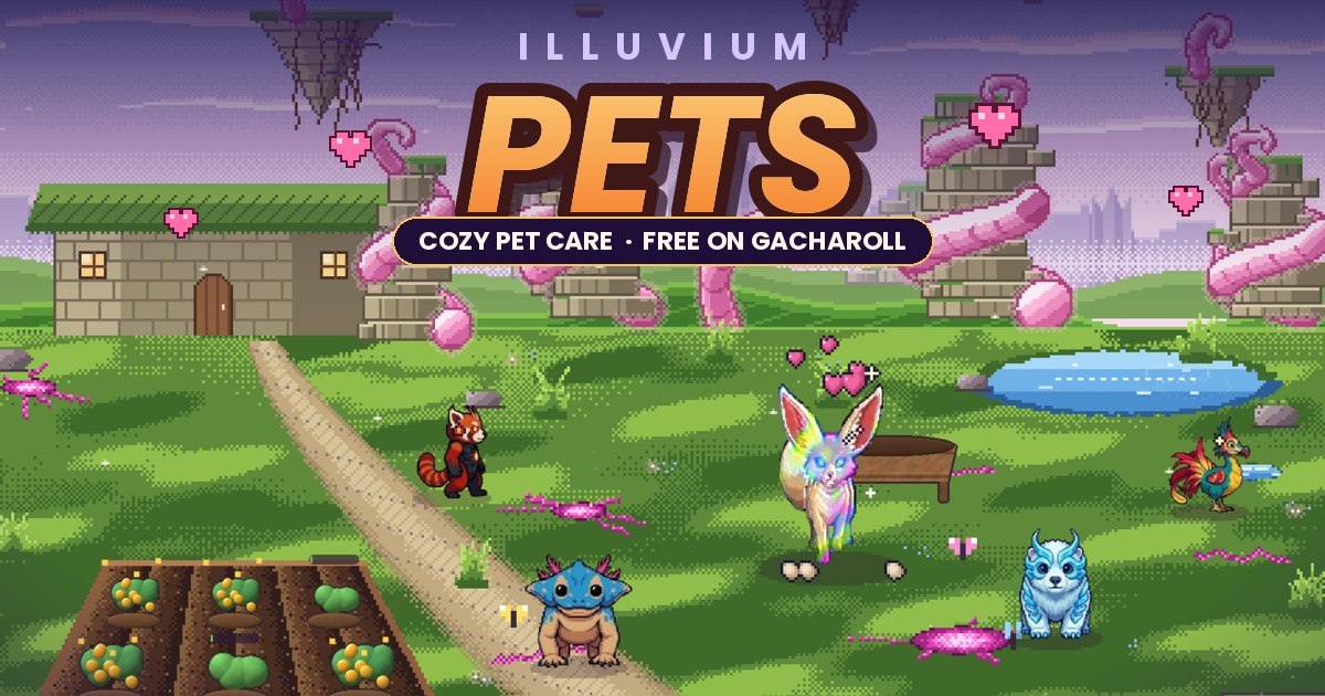 Illuvium Pets art: a sunny Brightland farm with a stone cottage, crop beds and a pond, where a fennec, red panda, axolotl and friends play among hearts and butterflies