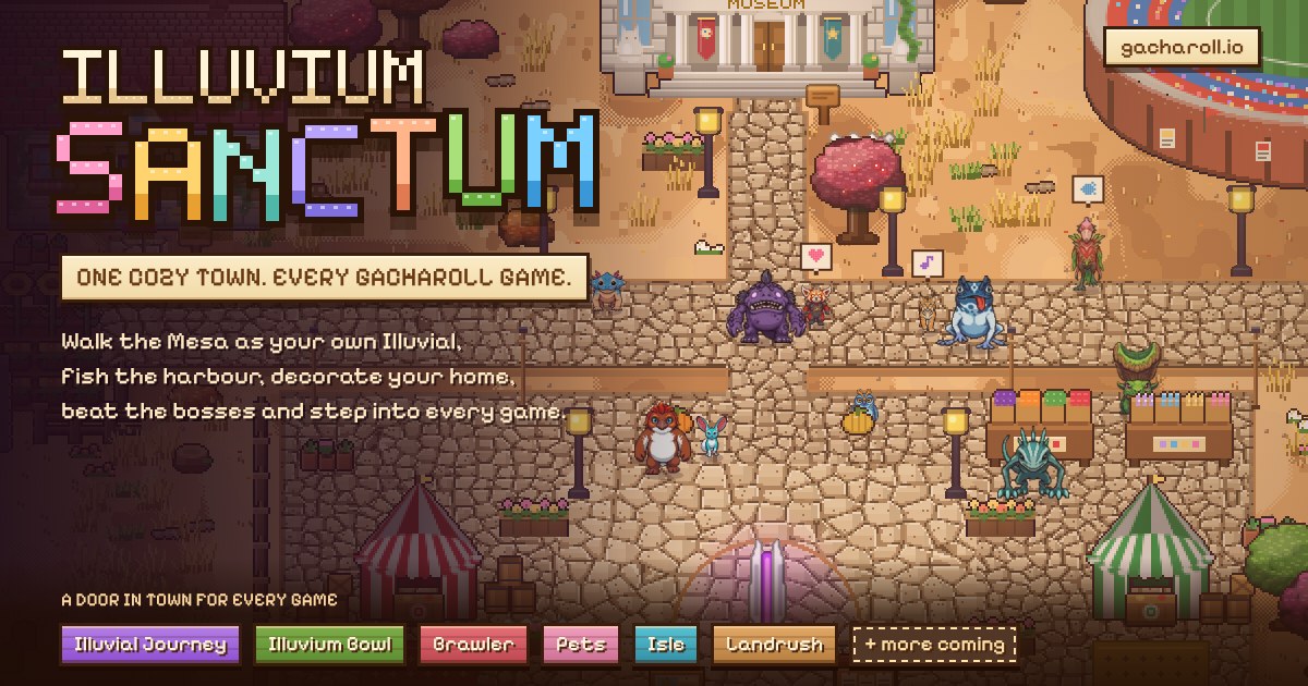 Illuvium Sanctum: Illuvials hanging out in the Sanctum Mesa town square, by the museum, market stalls and stadium